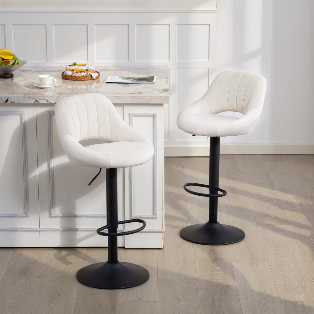 Set of 2 swivel counter-height bar stools with openwork backrest and adjustable height, cream.