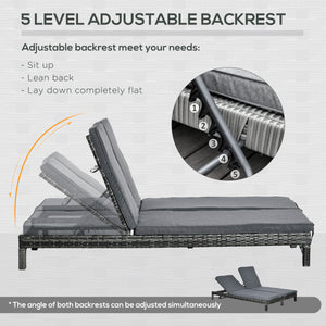 Chaise longue double en osier avec dossier réglable et coussins, noir et gris