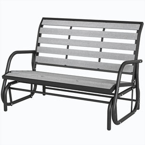 Banc à bascule d'extérieur  pour 2 personnes avec assise et dossier à lattes imitation bois, structure en acier, gris