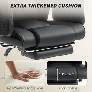Upholstered reclining office chair with high backrest, faux leather upholstery, footrest, swivel casters, black