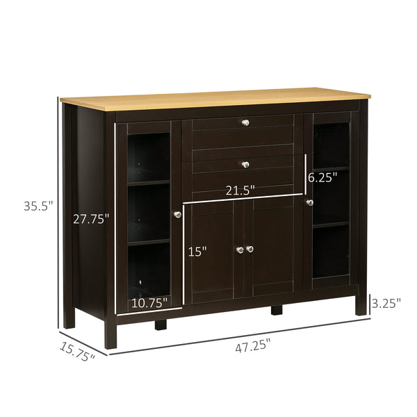 Buffet avec 2 tiroirs, 3 rangements, portes vitrées et étagères réglables, marron foncé