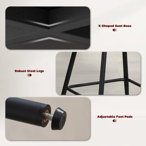 Set of 2 counter-height bar stools upholstered in linen with backrest, footrest and steel legs, cream white