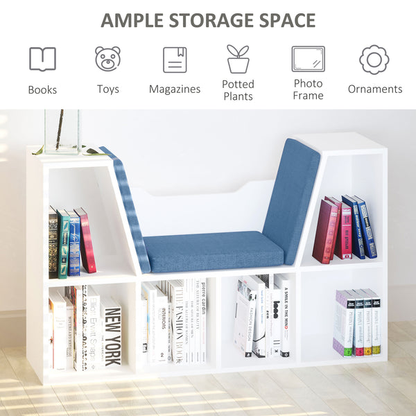 6 Compartment Bookcase with Seat Cushion for Reading Corner, Blue