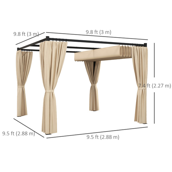 Pergola rétractable 10' x 10' avec rideaux, pour barbecue, patio, terrasse, beige