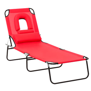Adjustable Outdoor Lounge Chair, Garden Folding Chaise Lounge with Face Hole Reclining Tanning Chair Seat, Folding Camping Beach Lounging Bed w/ Support Pillow, Red