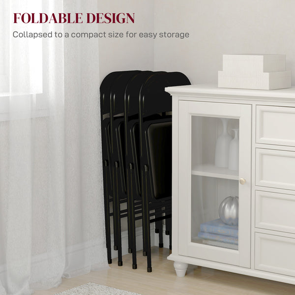 Set of 4 folding metal chairs with faux leather upholstery, black