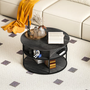 Table basse ronde avec étagère de rangement, compartiment caché et structure en acier, gris foncé vieilli