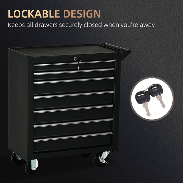 Lockable 7-drawer mobile tool chest with handle, black