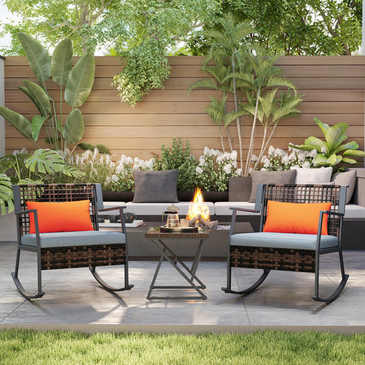 Outsunny 3 Pieces Rocking Bistro Set, Wicker Patio Furniture Set with Cushions and Glass Table for Porch, Balcony, Gray |