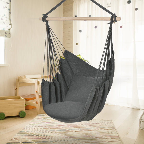 Hamac suspendu en macramé de coton avec deux coussins moelleux, gris foncé