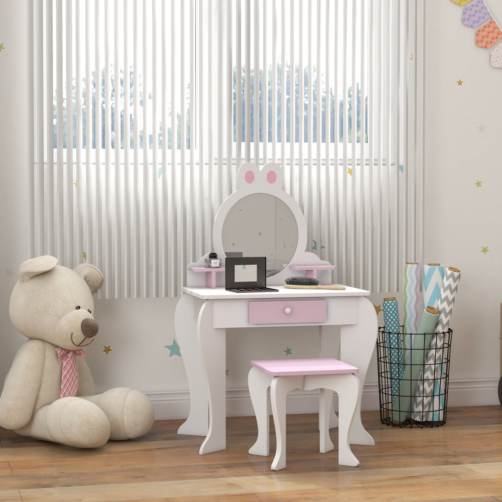 Coiffeuse avec tabouret, miroir, tiroir et boîtes de rangement, motif lapin, blanc