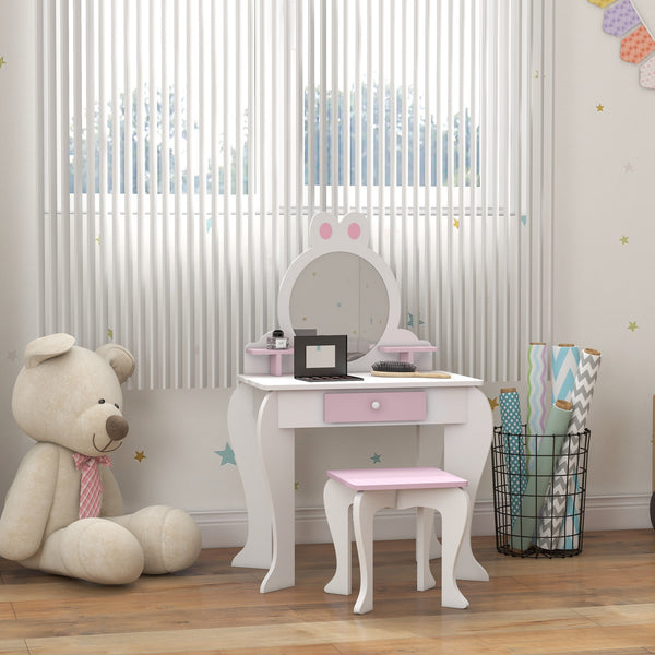 Dressing table with stool, mirror, drawer and storage boxes, rabbit motif, white