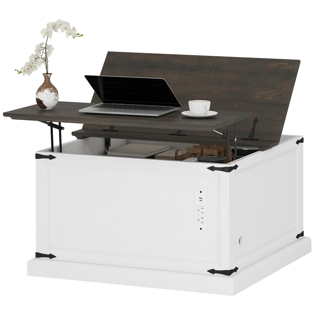 Table basse relevable avec station de recharge, style campagnard avec rangement dissimulé, aspect bois blanc.