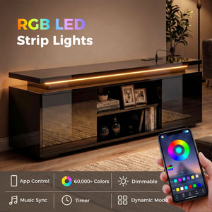 Meuble pour téléviseurs jusqu'à 60 pouces avec éclairage LED et prises électriques, noir brillant