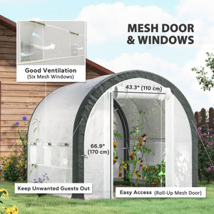 Tunnel greenhouse with mesh door and windows, white