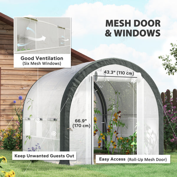 Tunnel greenhouse with mesh door and windows, white