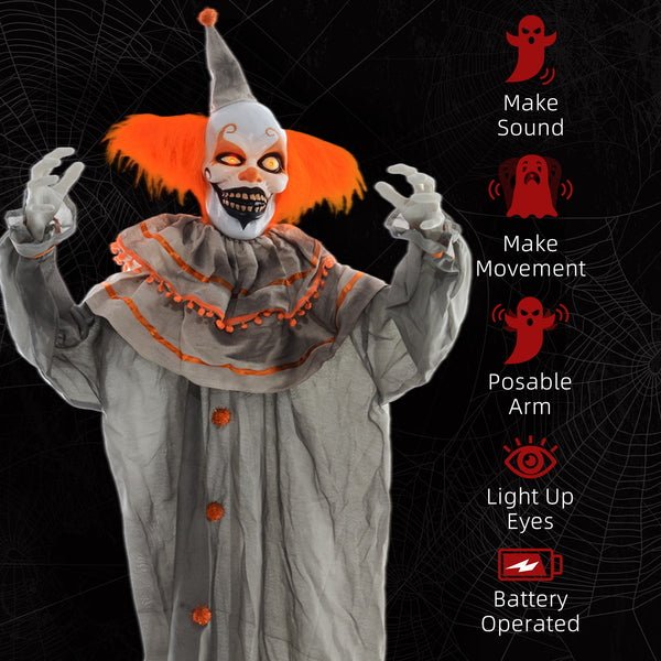 Clown classique orange grandeur nature 1,80 m, décoration d'Halloween d'extérieur, animatronique, activé par le son et le mouvement, avec yeux lumineux