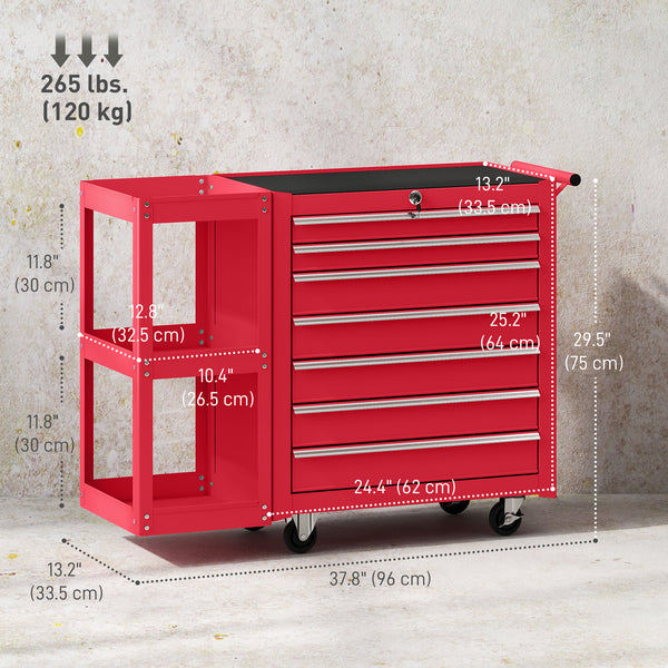 7-Drawer Rolling Tool Chest with Detachable Side Shelf, Lockable Tool Cabinet Box Organizer with Wheels, Red