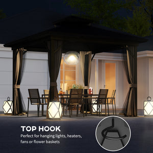 10x10 Gazebo with Double-Tiered Metal Roof, Mosquito Netting, and Hanging Hook, Dark Brown
