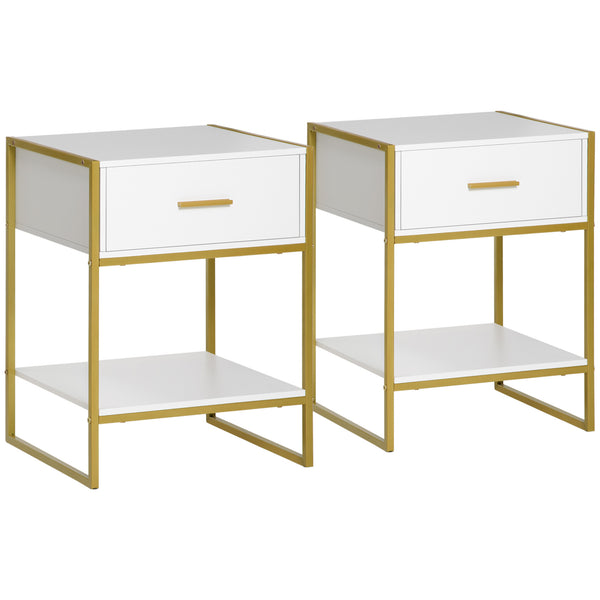 Lot de 2 tables de chevet modernes avec tiroir et étagère, blanc et doré