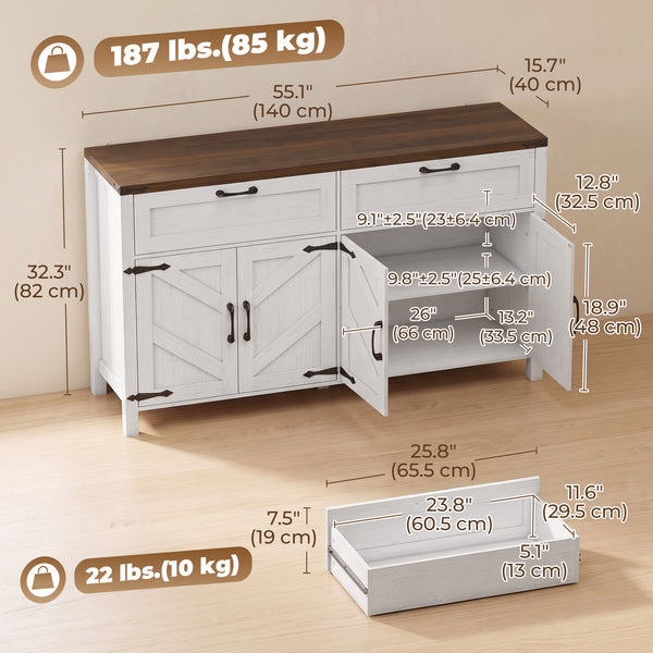 Buffet de rangement 55 po avec 2 tiroirs, 2 armoires et tablettes ajustables, blanc