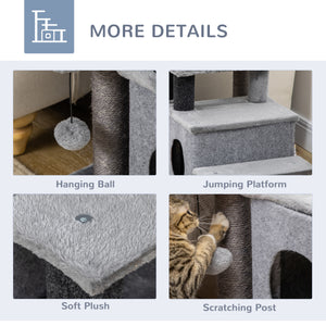 Cat stairs with scratching posts and ball toy, grey
