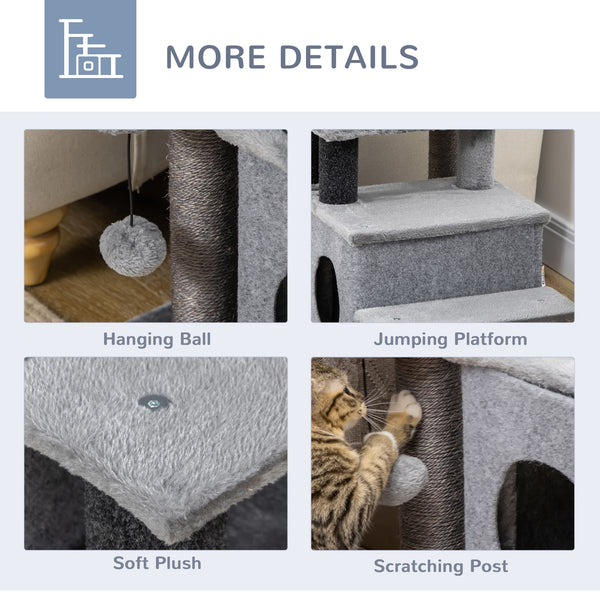 Cat stairs with scratching posts and ball toy, grey