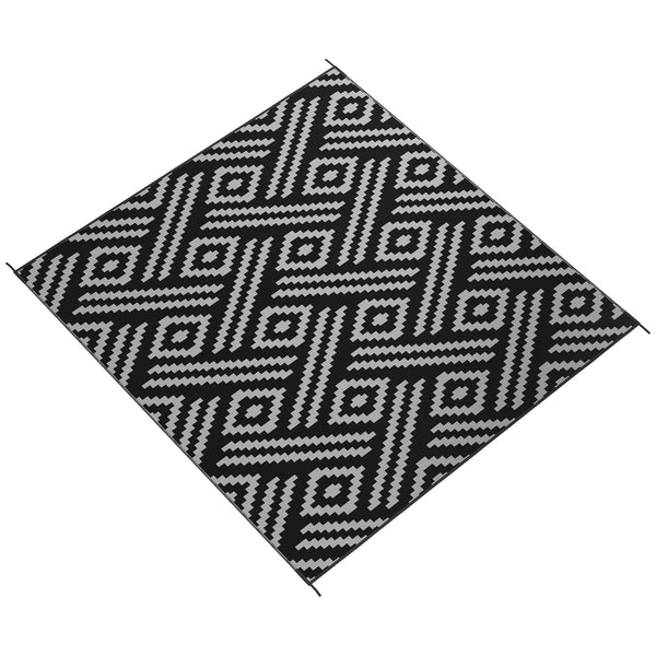 Tapis d'extérieur réversible imperméable en paille plastique, motif géométrique noir et gris