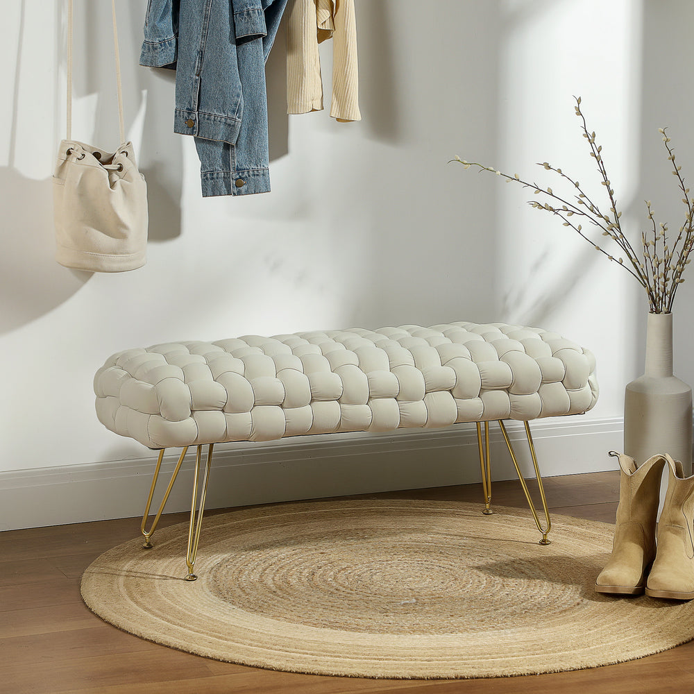 Banc de lit rembourré en velours avec pieds en métal doré, blanc crème