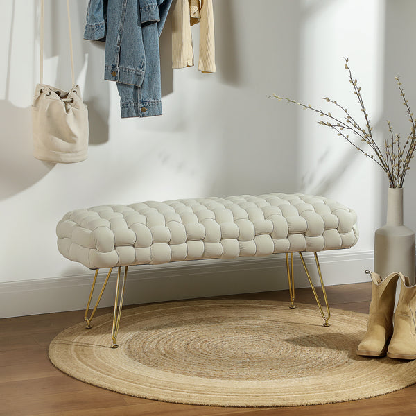 Banc de lit rembourré en velours avec pieds en métal doré, blanc crème