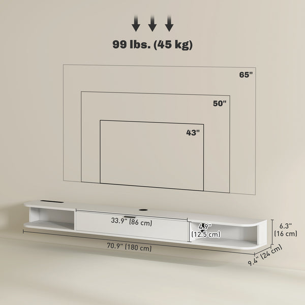 71" Floating Wall Mounted TV Stand with Drop-Down Drawer and 2 Open Shelves, White