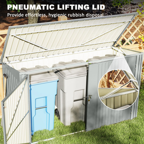 Abri de jardin avec 3 compartiments pour poubelles, double porte verrouillable et couvercle ouvrable, gris argenté