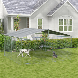 Dog Kennel Outdoor, Heavy Duty Playpen with Secure Lock, Cover, for Backyard & Patio, 13.1' x 13.1' x 7.5'