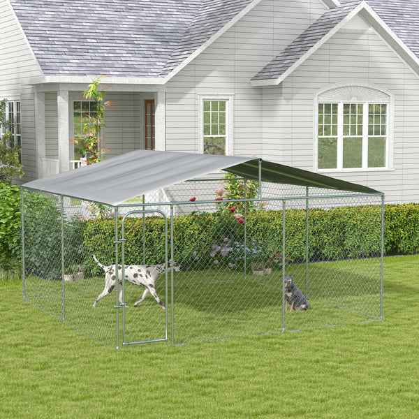 Dog Kennel Outdoor, Heavy Duty Playpen with Secure Lock, Cover, for Backyard & Patio, 13.1' x 13.1' x 7.5'