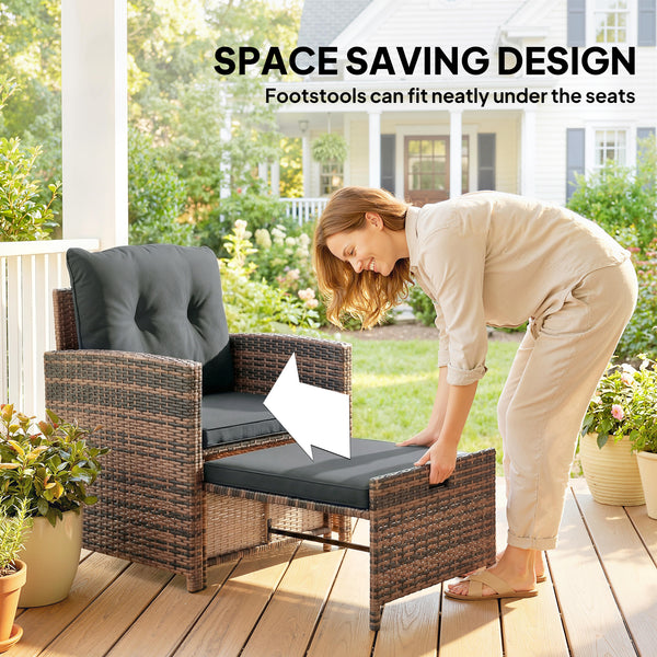 5 Piece Patio Furniture Set, Wicker Patio Chairs with Ottomans, 2-Tier Glass Coffee Table and Cushions, Brown/Dark Grey