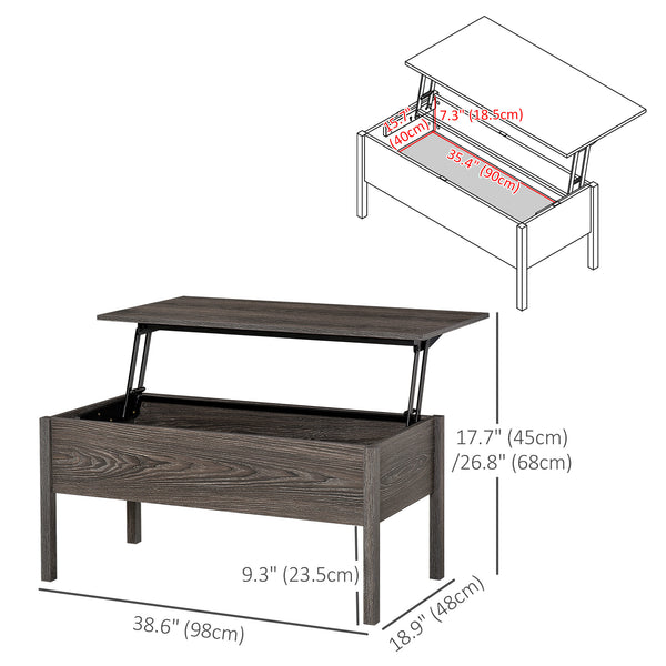 Table basse moderne avec plateau relevable et compartiment de rangement dissimulé, gris