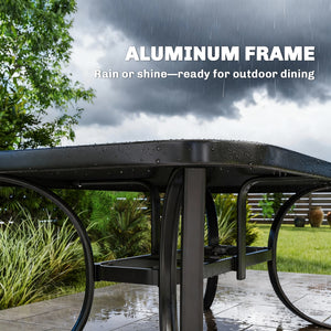 Garden table for 6 people with parasol hole, made of metal with tempered glass top