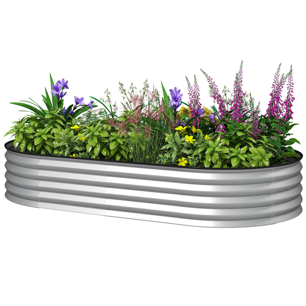 Galvanized steel raised outdoor planter with metal trellis, silver color.