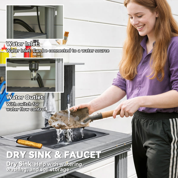 Table de rempotage d'extérieur avec robinet, évier amovible, crochets et étagères de rangement