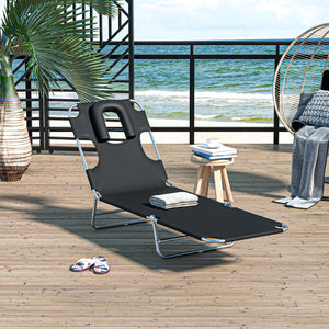 Outdoor Lounge Chair, Adjustable Folding Chaise Lounge with Face Cavity, Tanning Chair Sun Lounger Bed Recliner, Black