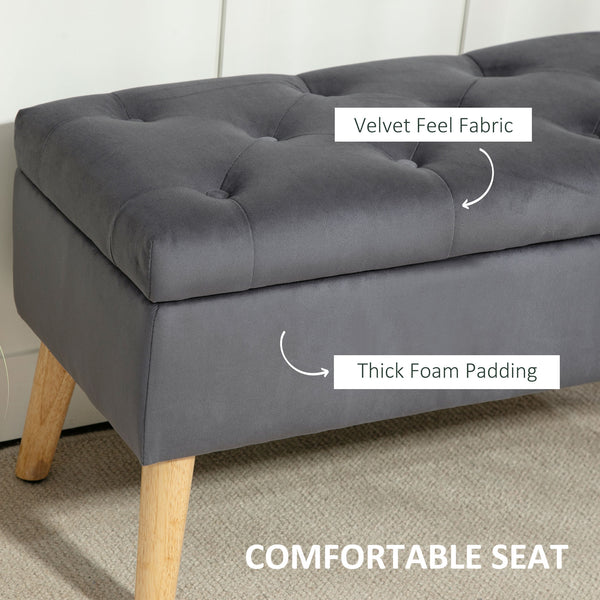 Pouf de rangement avec couvercle rembourré en velours et pieds en bois, gris anthracite