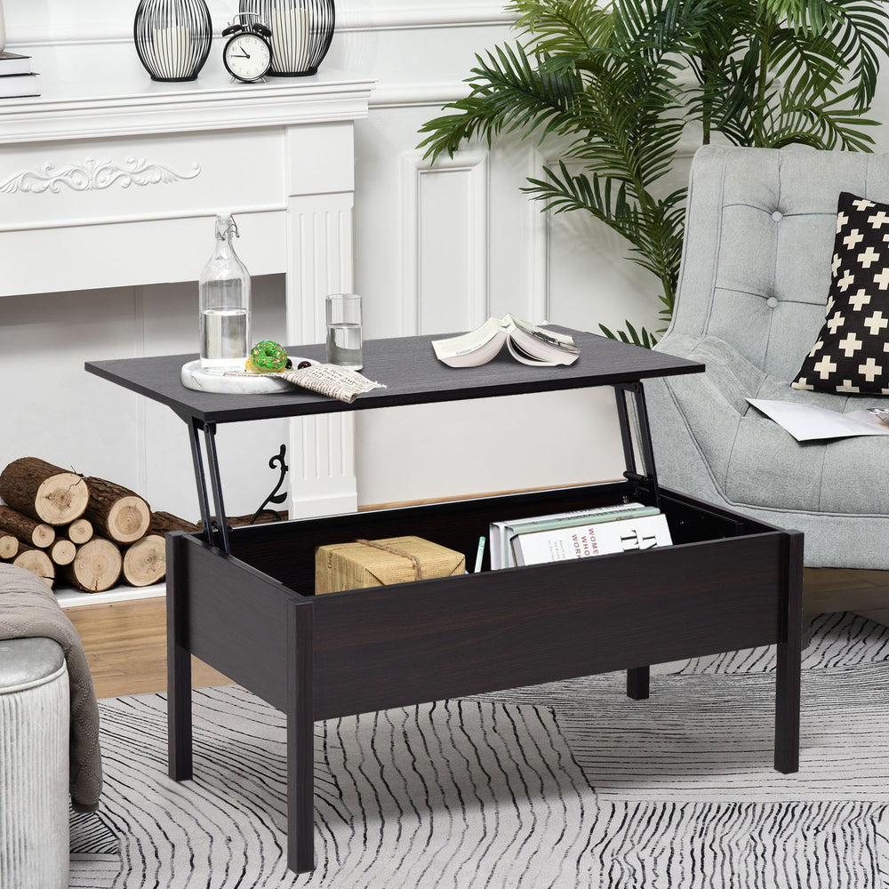 Table basse moderne avec plateau relevable et compartiment de rangement dissimulé, marron
