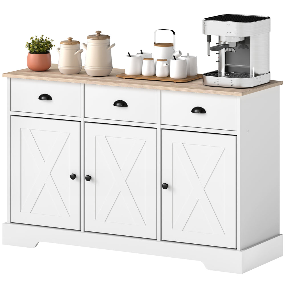Buffet style campagnard, avec 3 portes coulissantes et 3 tiroirs, blanc, idéal pour le salon et la cuisine.