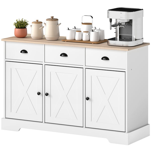 Country-style buffet, with 3 sliding doors and 3 drawers, white, ideal for the living room and kitchen.