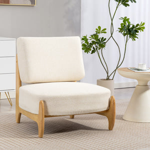 Fauteuil d'appoint avec structure en bois d'hévéa, assise large, blanc crème