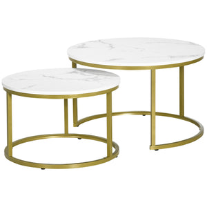 Lot de 2 tables gigognes rondes, imitation marbre blanc