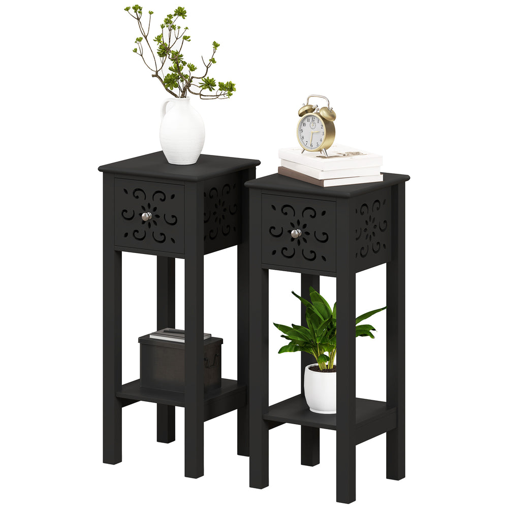 Ensemble de 2 tables d'appoints avec tiroir et étagère de rangement ouverte, noir