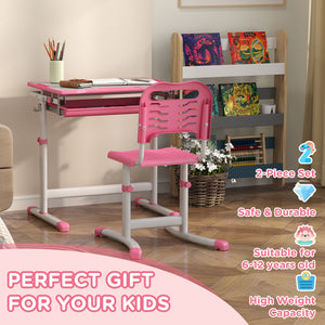 Height Adjustable Study Table and Chair Set with Drawer, Pink