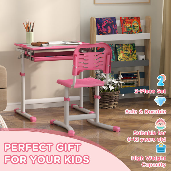 Height Adjustable Study Table and Chair Set with Drawer, Pink