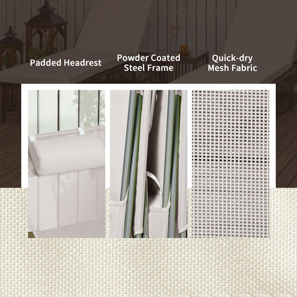 Lot de 2 chaises longues pliantes avec coussin et dossier inclinable, blanc crème